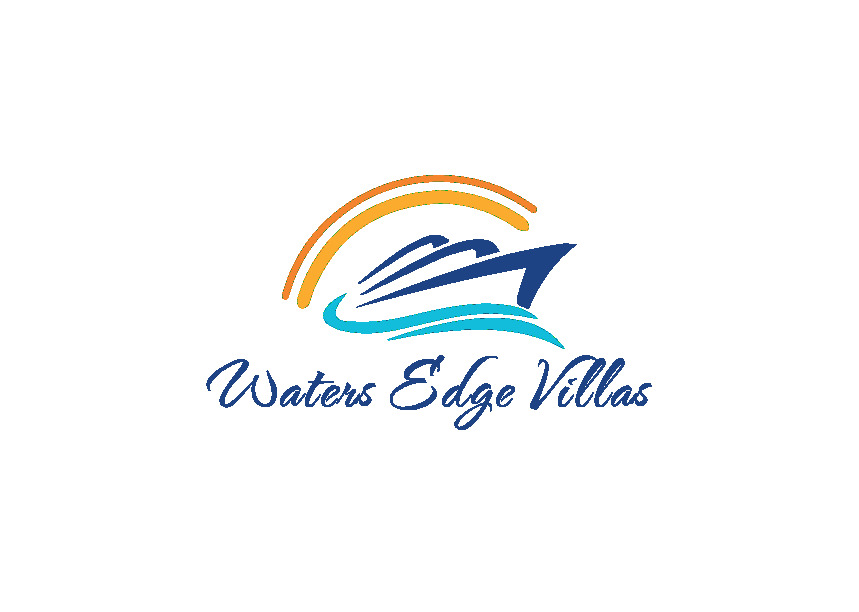 A logo for Waters Edge Villas featuring a stylized boat on water with a rainbow.